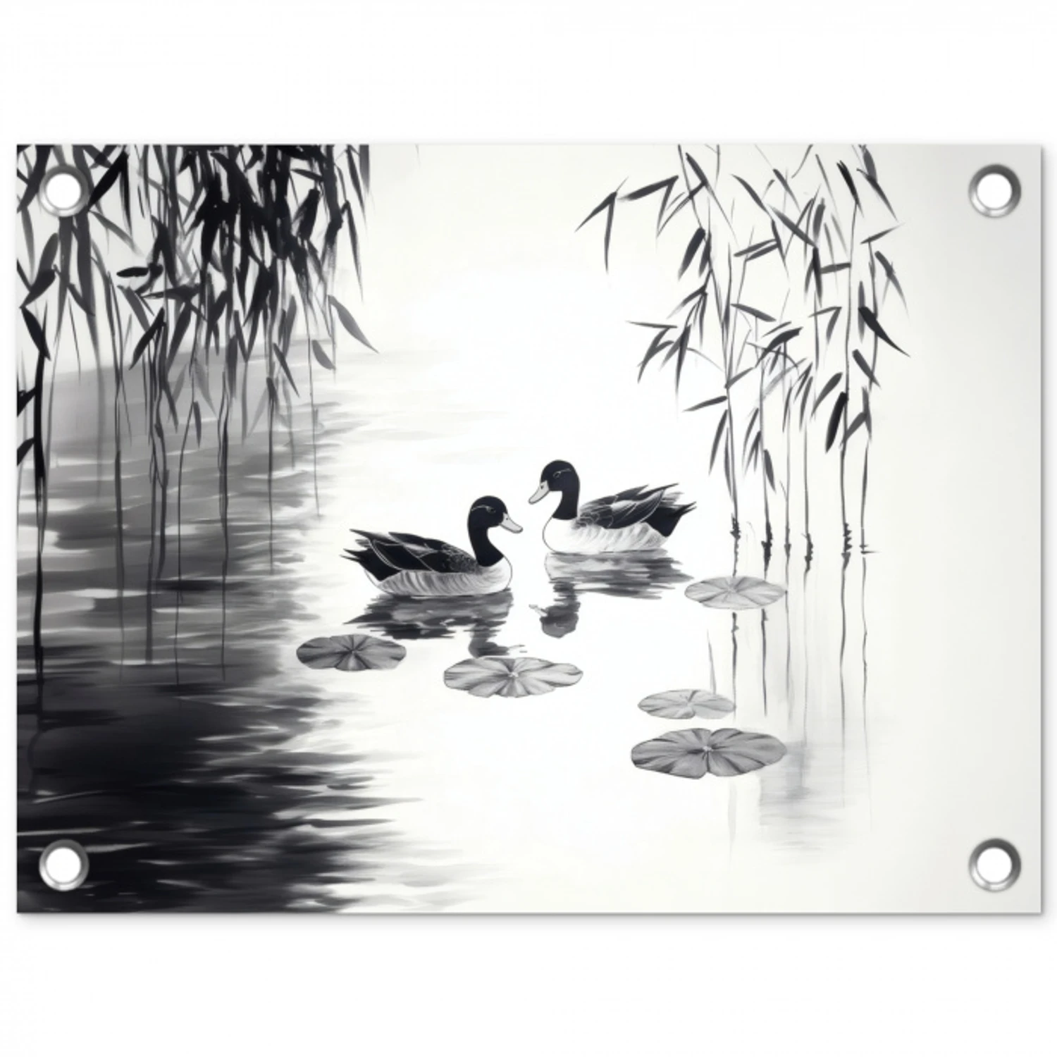 Eenden - Waterlelies - Riet - Zwart tuinposter los doek klein -3d