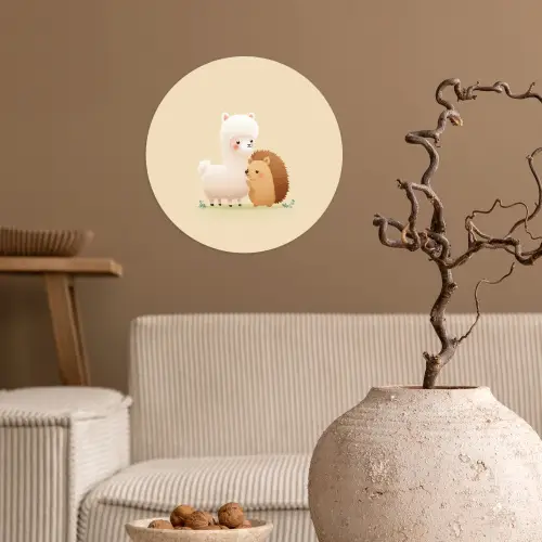 Alpaca - Egel - Bruin - Knuffelen Wandcirkel behangsticker klein -sfeer1