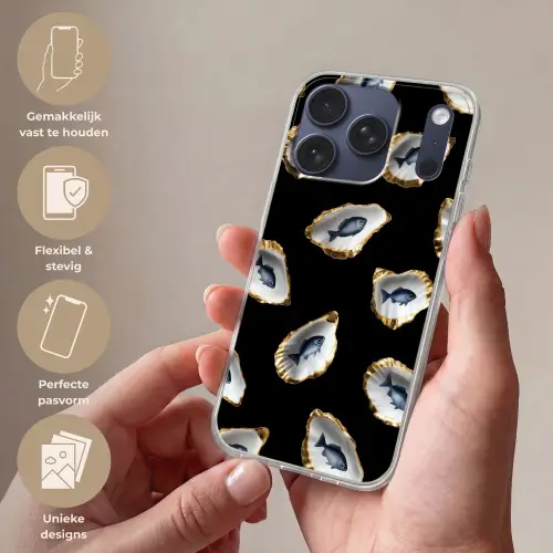 Oesters - Vissen - Blauw - Goud Telefoonhoesje iPhone 17 Pro klein -sfeer3_NL