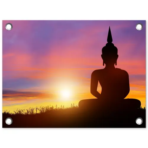 Zonsondergang - Horizon - Boeddha beeld - Buddha -  Silhouette tuinposter los doek klein -3d