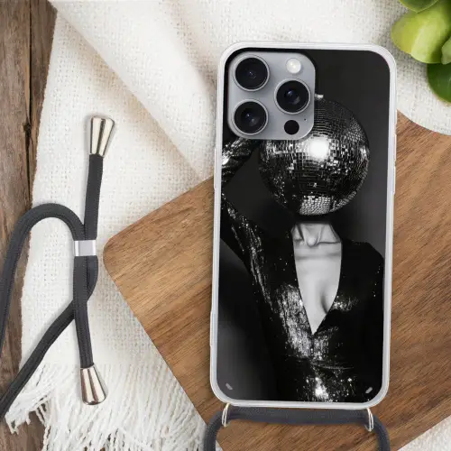 Discobal - Gezicht - Glamour - Zwart Hoesje iPhone 16 Pro Max met koord klein -sfeer4