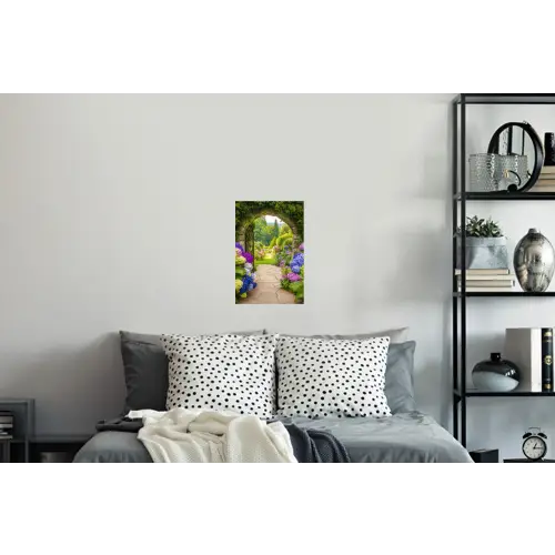Doorkijk - Poort - Hortensia - Bloementuin Muursticker klein -slaapkamer