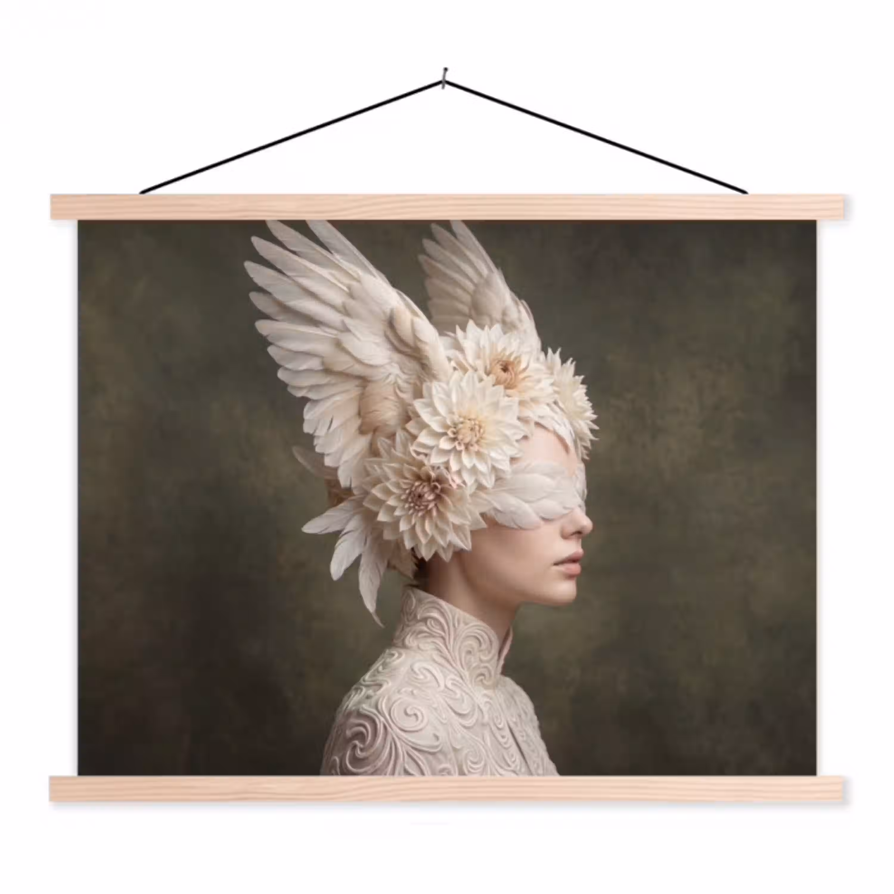 Vleugels - Vrouw - Wit textielposter latten blank klein -3d