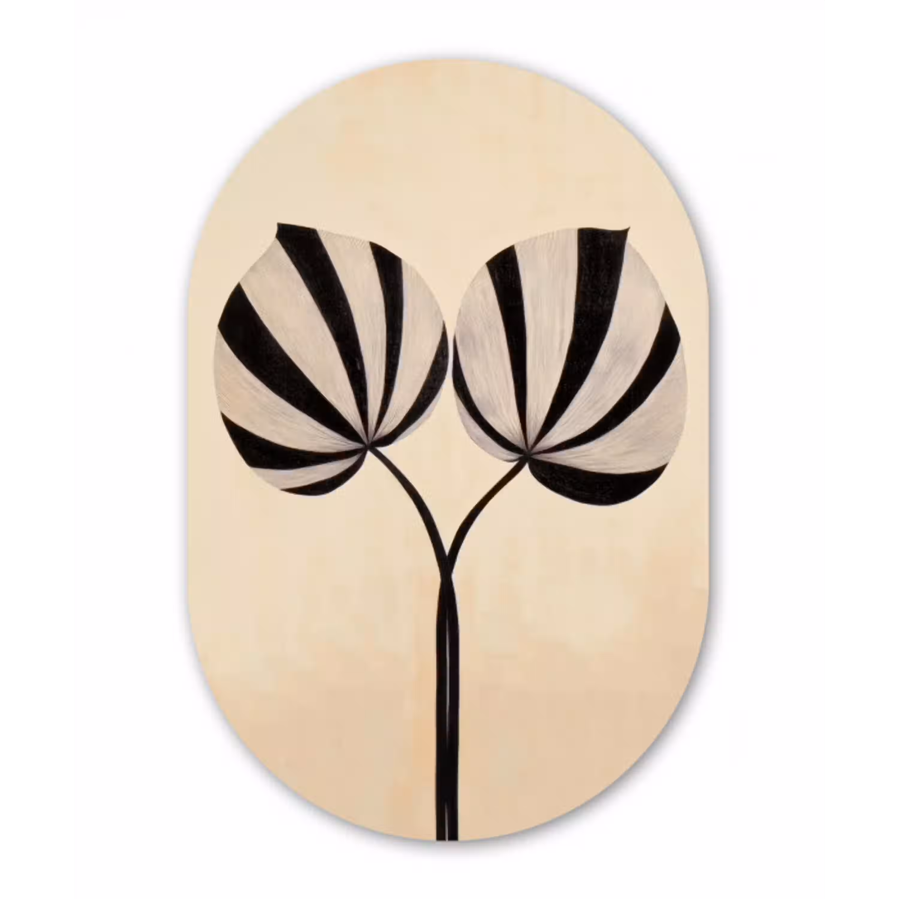 Bladeren - Gestreept - Stengel - Beige Wandcirkel Ovaal Glas middel -3d