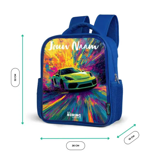 Sportauto - Groen - Verfstrepen - Kleuren Kinderrugzak - Blauw middel -productfoto_formaten