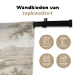 Rivierlandschap - Bergen - Natuur - Vintage - Beige Wandkleed katoen klein -sfeer2