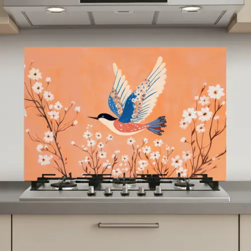 Vogel - Bloesemtakken - Warm - Kleurrijk keuken achterwand spatscherm klein -3d_website