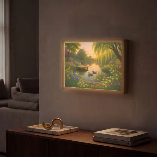 Eenden - Vijver - Bloemen Light Box met batterij (Wandlamp) middel -sfeer1