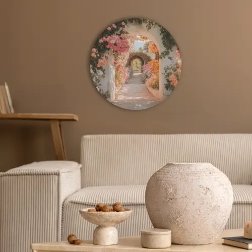 Doorkijk - Boog - Bloemen - Pastel Akoestische PET Vilt - Rond klein -sfeer1