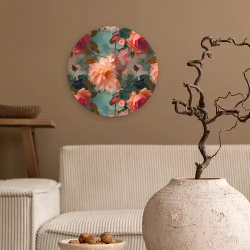 Zalmroze - Patroon - Bloemen Wandcirkel plexiglas klein 852 -sfeer1