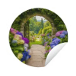 Doorkijk - Poort - Hortensia - Bloementuin Wandcirkel tuinposter met ringen klein -3d