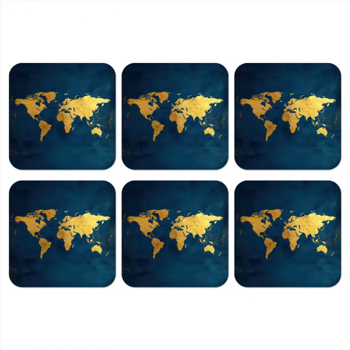 Wereldkaart - Goud - Donkerblauw onderzetter kurk middel -3d
