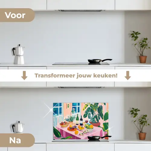 Tafel - Wijn - Fruit keuken achterwand spatscherm klein -voor_na_NL