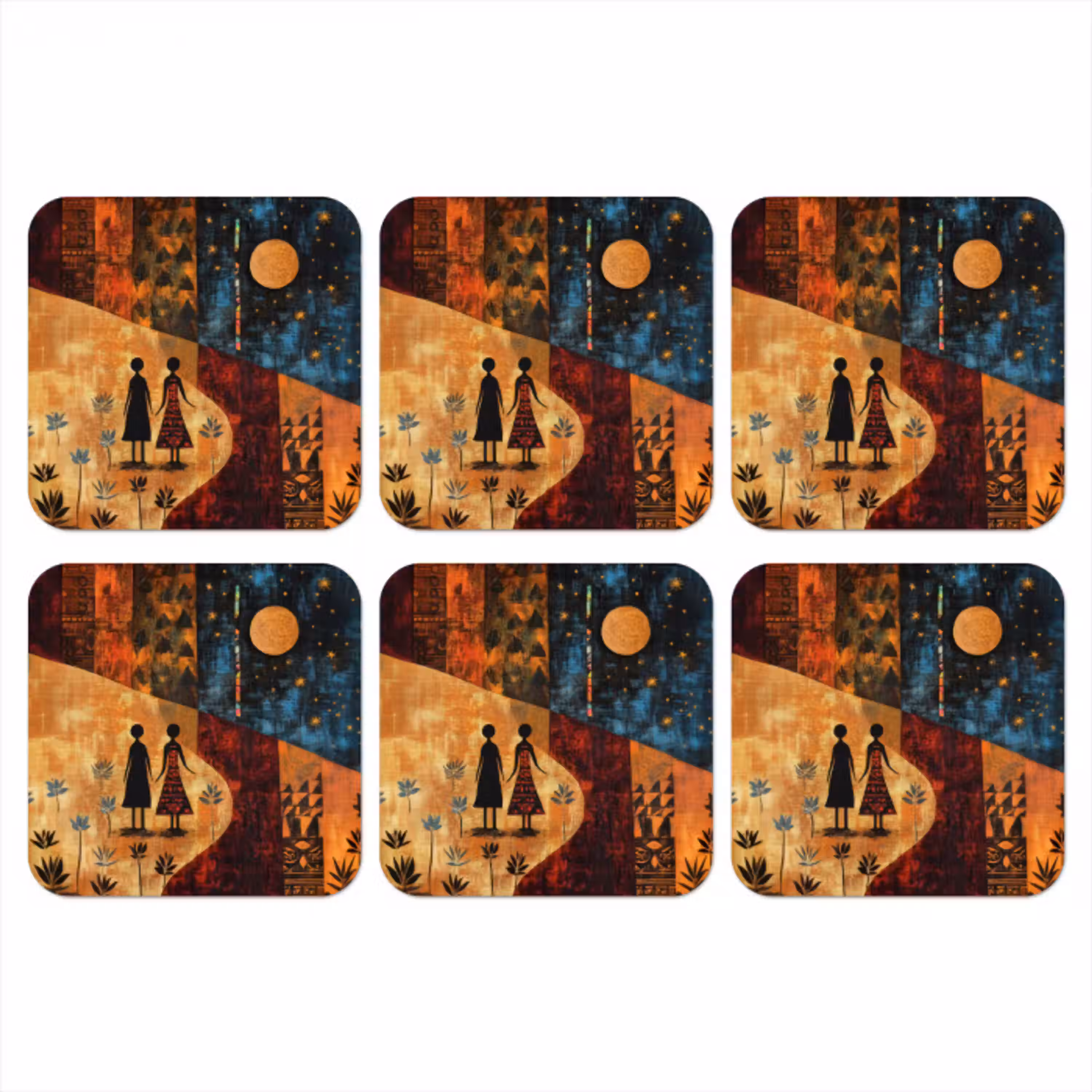 Silhouetten - Abstract - Zon - Maan onderzetter kurk middel -3d