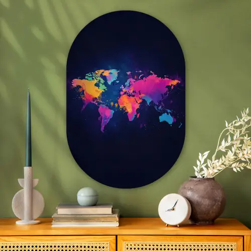 Wereldkaart - Kleurrijk - Graffiti Wandcirkel Ovaal Glas middel -sfeer2