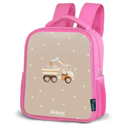 Gele kiepwagen met stenen en stippenpatroon Kinderrugzak - Roze middel -schuin