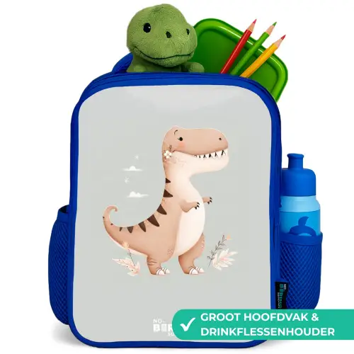 Dino in beige en grijze kleuren Kinderrugzak - Blauw middel -inhoud_NL