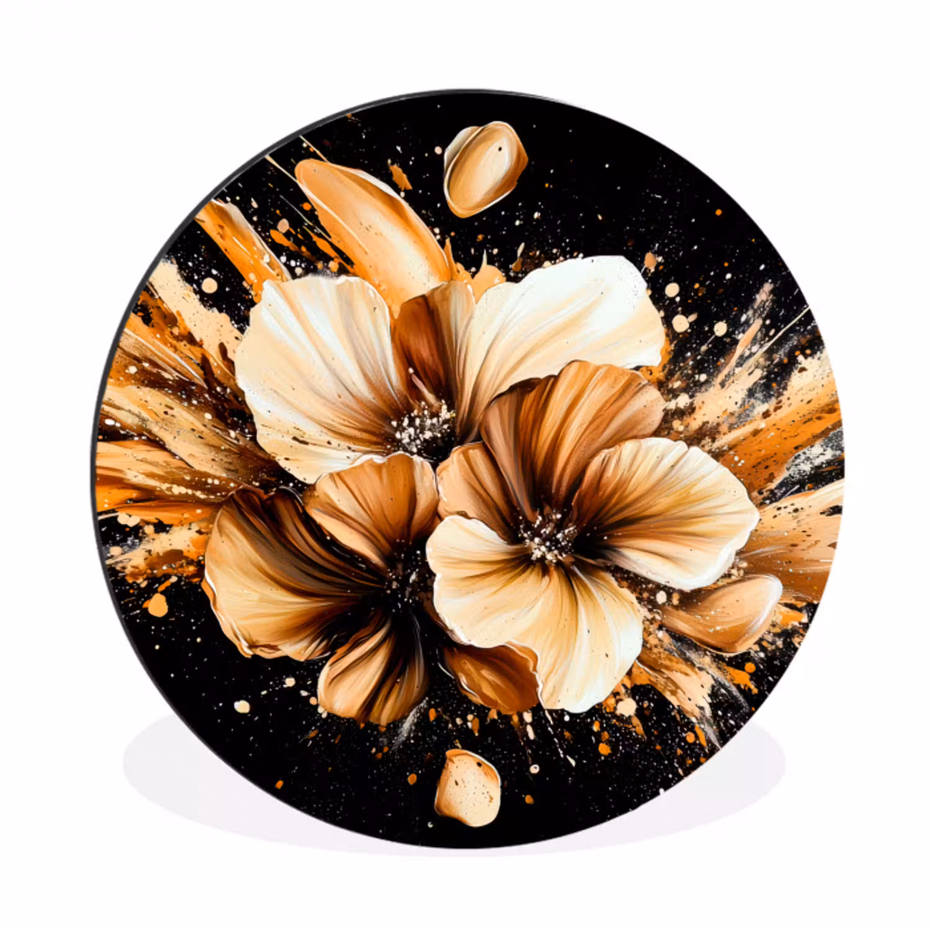 Bloemen - Goud - Graffiti - Zwart - Abstract Wandcirkel aluminium klein -3d