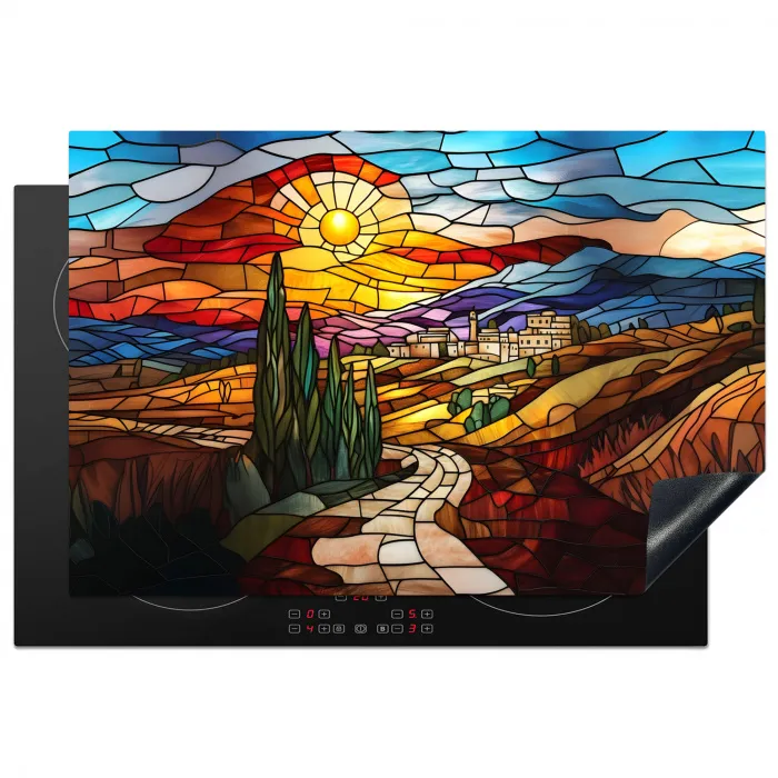 Mozaïek - Zon - Landschap - Dorp Inductie beschermer vinyl 3mm klein -3d