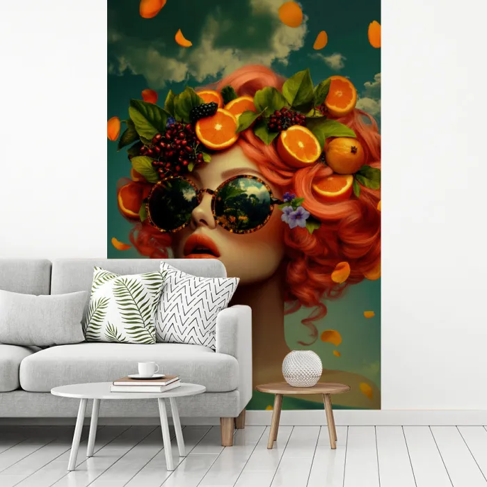 Vrouw - Sinaasappel - Bessen - Oranje fotobehang vinyl groot -woonkamer