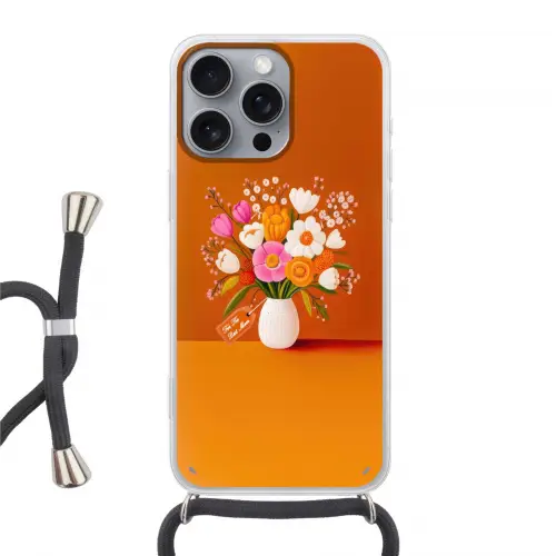 Vaas - Bloemen - Oranje Hoesje iPhone 16 Pro Max met koord klein -3d
