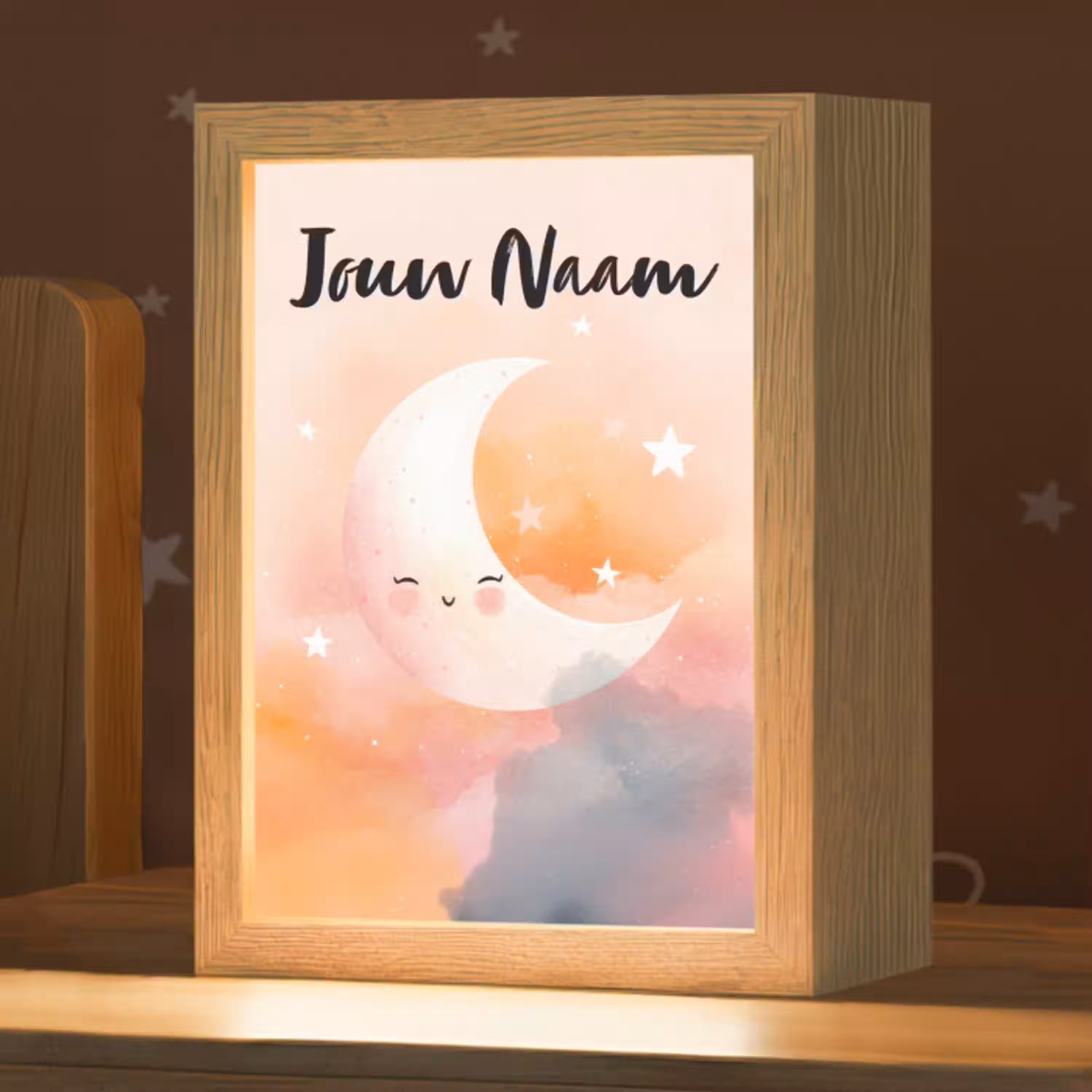 Maan - Gezichtje - Sterren - Roze Light Box met kabel (Kinderlampje) klein -zzz_3d_website