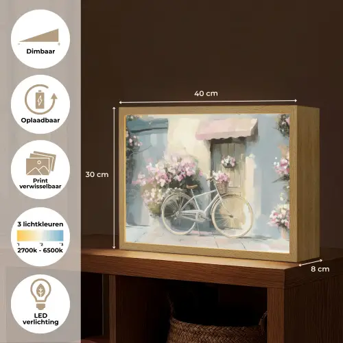 Fiets - Pastelkleuren - Bloemen Light Box met batterij (Wandlamp) middel -USP_websiteoverzichtNL