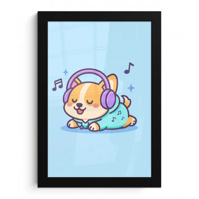 Corgi - Koptelefoon - Blauw - Muzieknoten fotolijst zwart zonder passe partout klein -3d