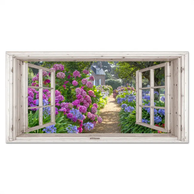 Landhuis omlijst door Hortensia's Spatscherm Aluminium klein -3d_volledig