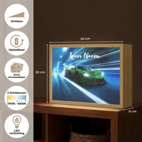 Groene racewagen - Blauw - Neon - Licht Light Box met batterij (Wandlamp kind) middel -USP_websiteoverzichtNL