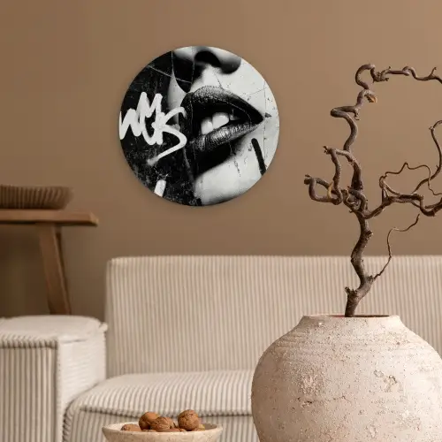 Gezicht - Mond - Graffiti - Zwart Wandcirkel kunststof plaat 5mm dik klein -sfeer1