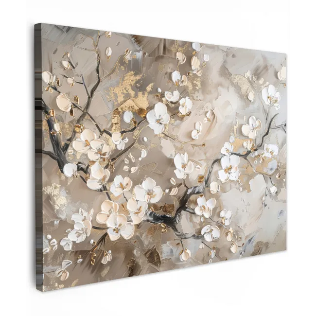 Canvas schilderij - Bloemen - Wit - Goud - Beige  - Luxe