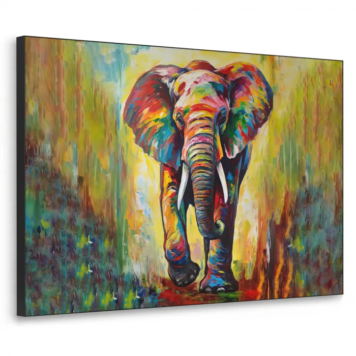 Olifant - Kunst - Schilderij - Dieren - Regenboog Textielframe zwart klein -3d