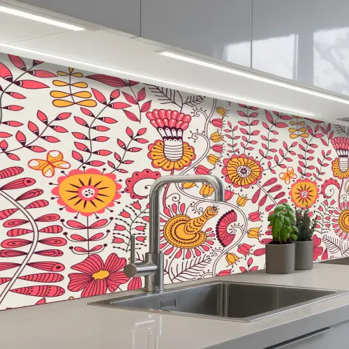 Bloemen - Design - Roze - Oranje keuken achterwand 2 middel 871 -3d_schuin