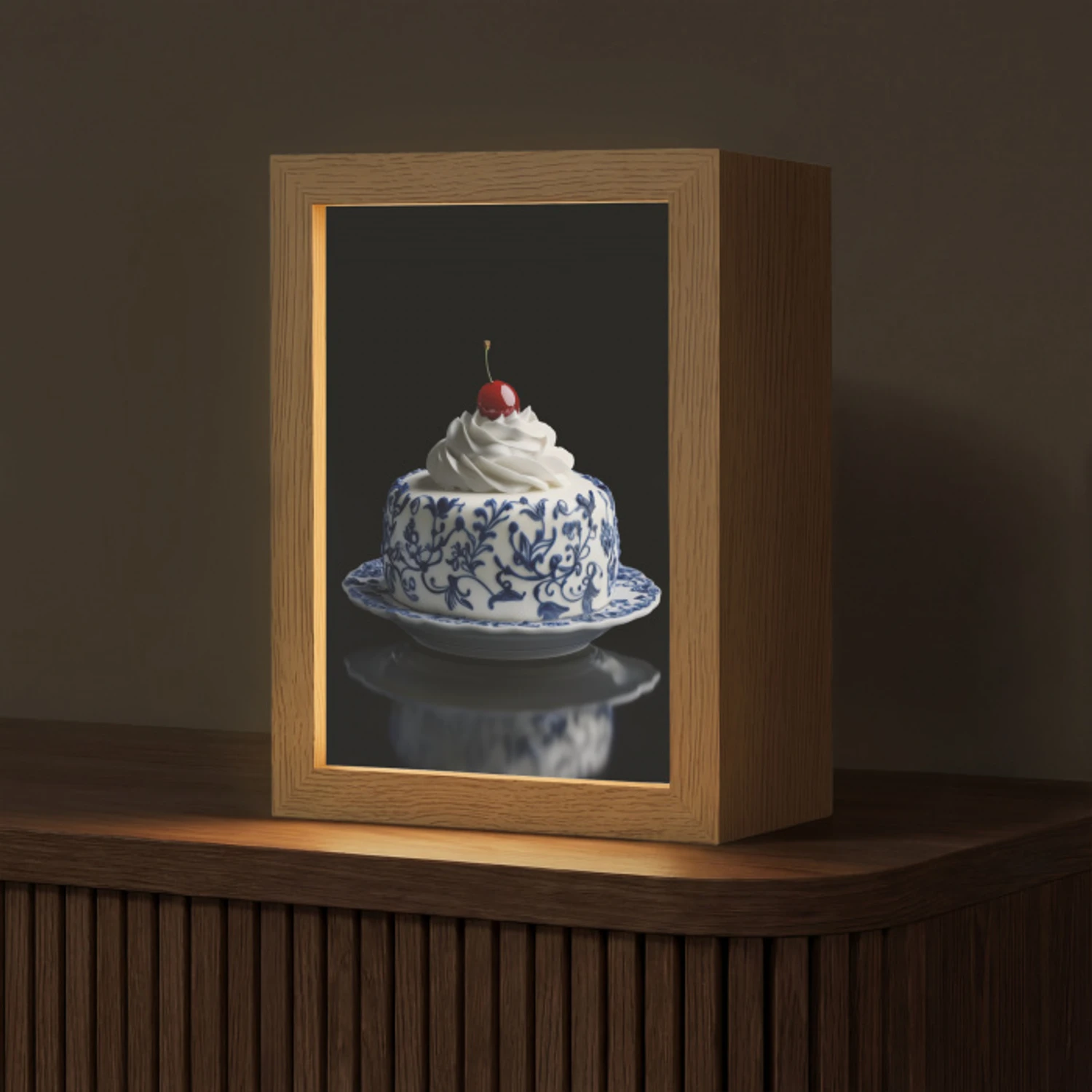 Taart - Slagroom - Kers - Bord - Delfts blauw Light Box met kabel (Tafellamp) klein -z3d_website