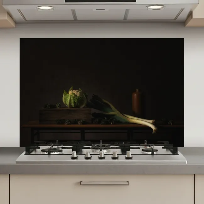 Stilleven - Tafel - Schilderij - Groenten - Prei - Bloemkool - Kunst keuken achterwand spatscherm klein -3d_website