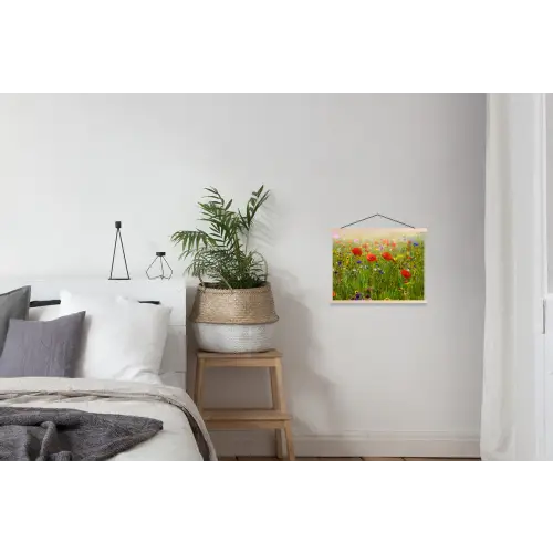 Lente - Bloemen - Rood - Klaproos - Gras - Groen textielposter latten blank klein -woonkamer