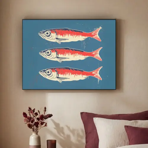 Vissen - Rood - Blauw Textielframe zwart klein -sfeer1
