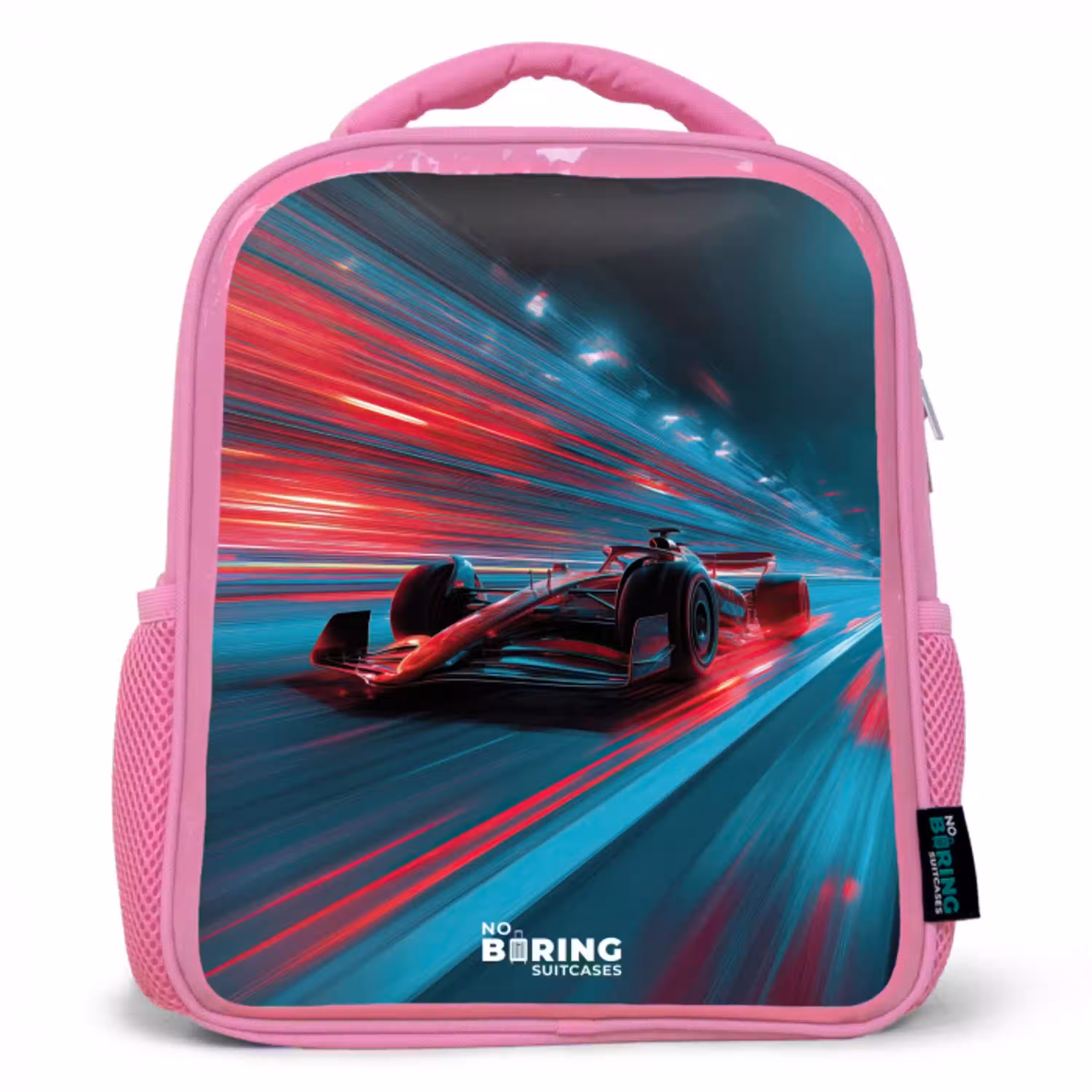 Raceauto - Baan - Neon - Verlichting Kinderrugzak - Roze middel -3d