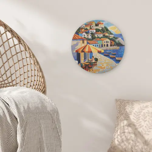Kustdorp - Huisjes - Mozaïek - Zee Akoestische PET Vilt - Rond klein -sfeer4