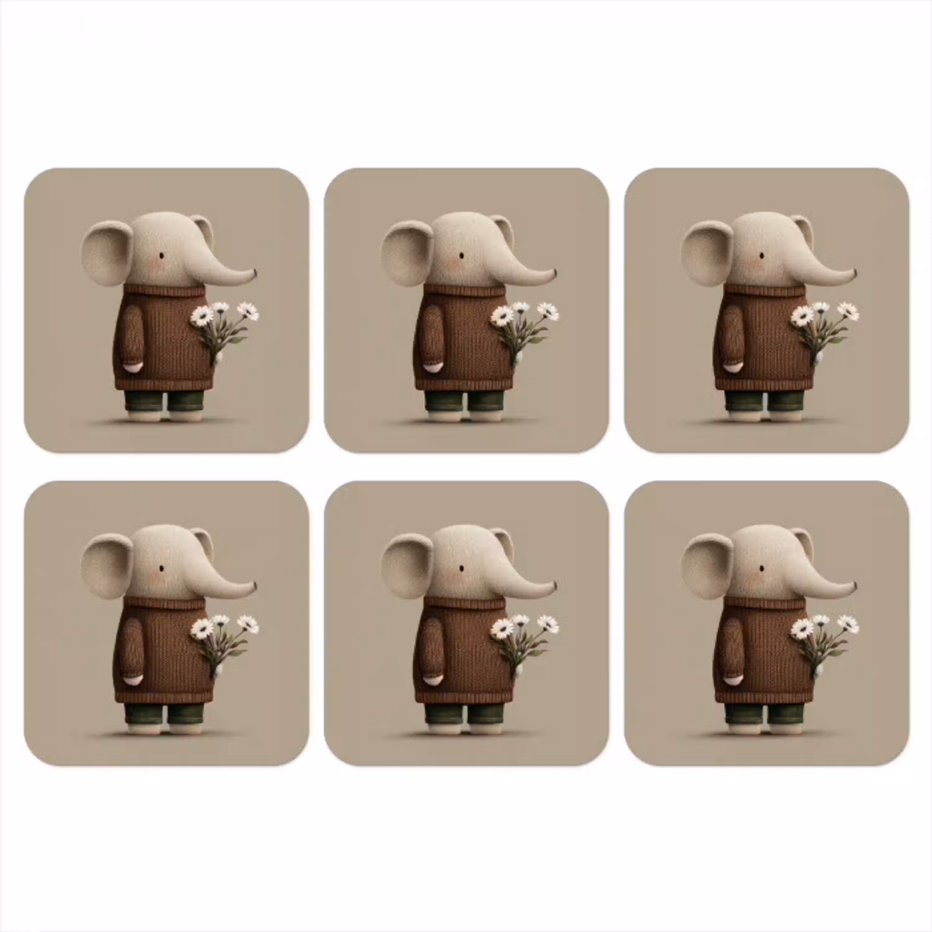 Olifant - Witte bloemen - Kindvriendelijk onderzetter kurk middel -3d