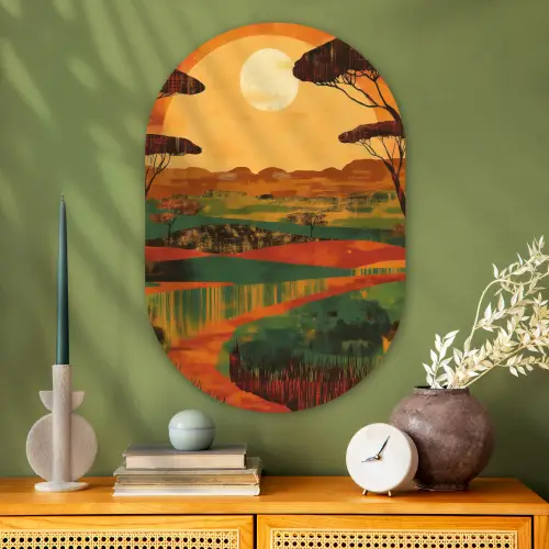 Landschap - Afrikaans - Zon Wandcirkel Ovaal Glas middel -sfeer2