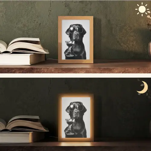 Hond - Zwart - Wijnglas - Zonnebril Light Box met kabel (Tafellamp) klein -sfeer3