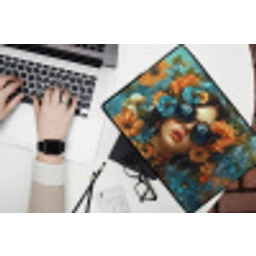 Vrouw - Bloemen - Oranje - Blauw - Modern laptophoes neopreen klein -bureau