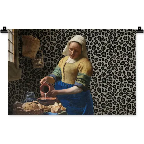 Melkmeisje - Kunst - Panterprint - Vermeer - Schilderij - Oude meesters Wandkleed katoen klein -zz3d