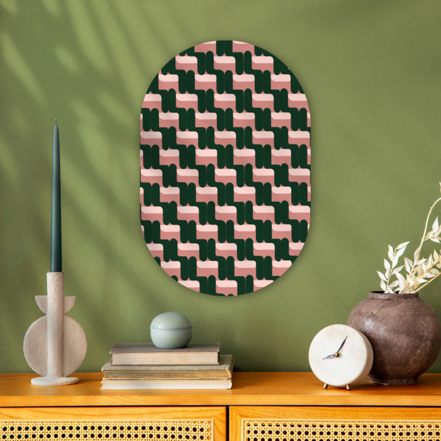 Vlechtpatroon - Groen - Roze - Geometrisch Wandcirkel Ovaal Forex klein 630 -sfeer2