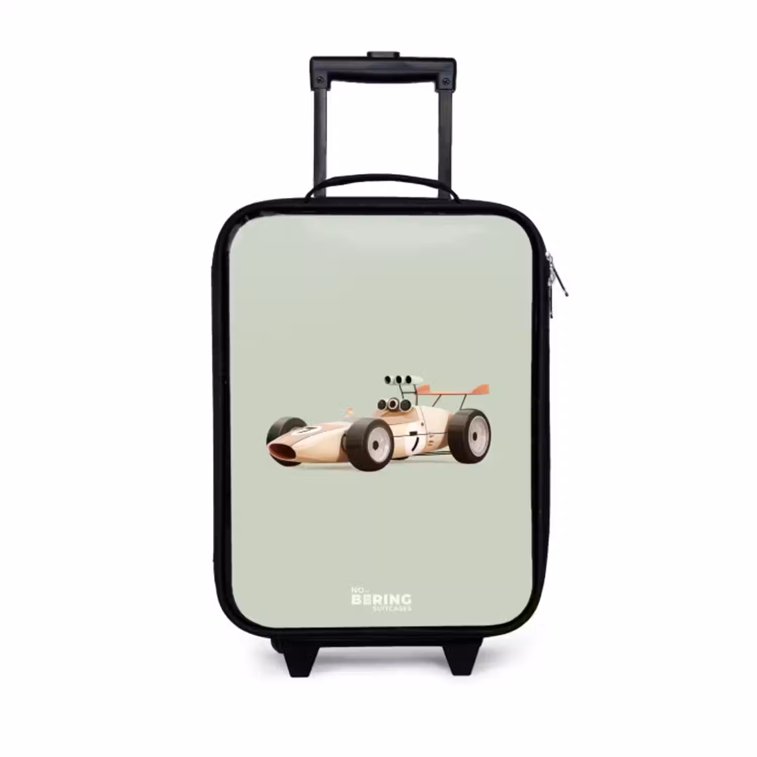 Kinderkoffer - Zwart - Beige retro raceauto op groen achtergrond