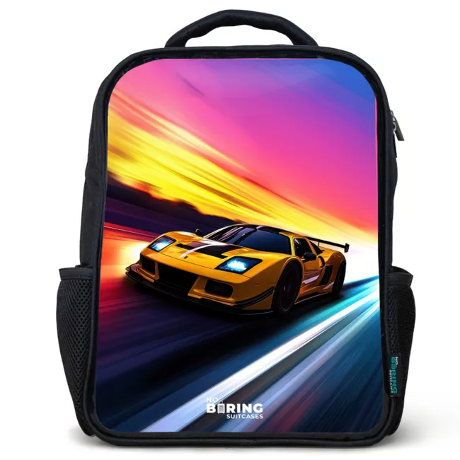 Kids' Backpacks Black -. Yellow race car at colorful sunset