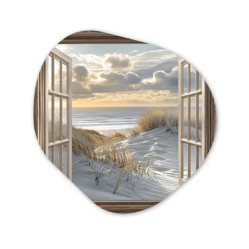 Doorkijk - Strand - Duinen - Zee - Natuur Wandcirkel Organisch Aluminium middel -3d