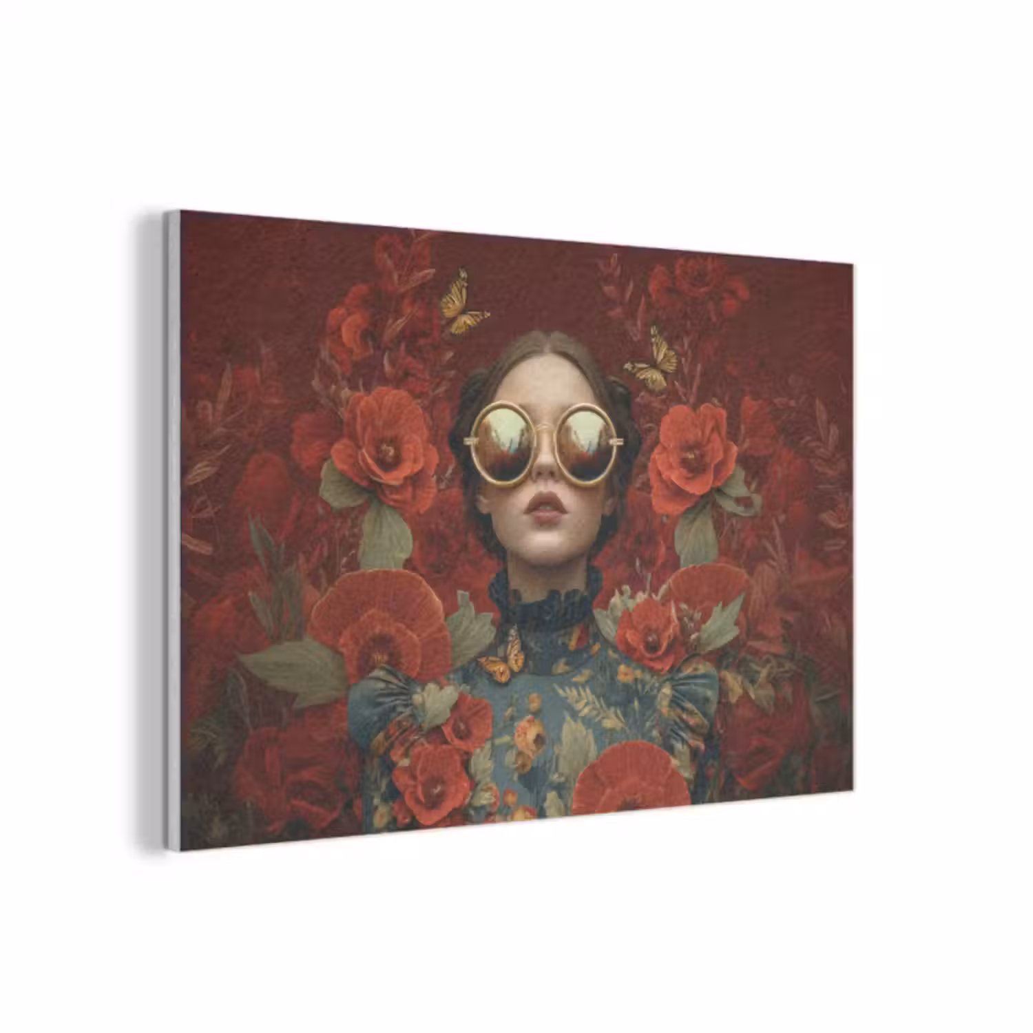 Akoestisch schilderij - Bloemen - Dieprood - Zonnebril - Vrouw